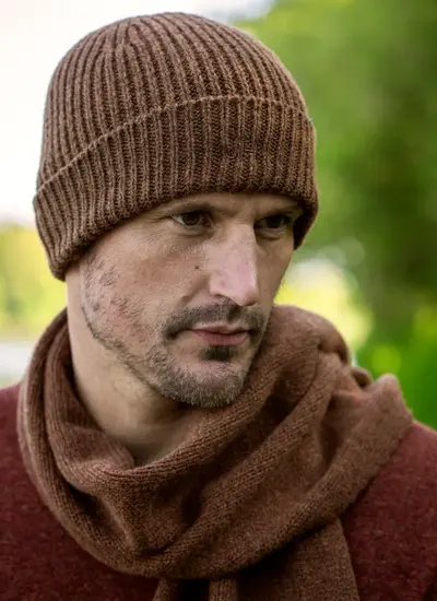 Personalized wool cashmere beanie in chestnut brown, ribbed knit style, made in Ireland, paired with matching scarf